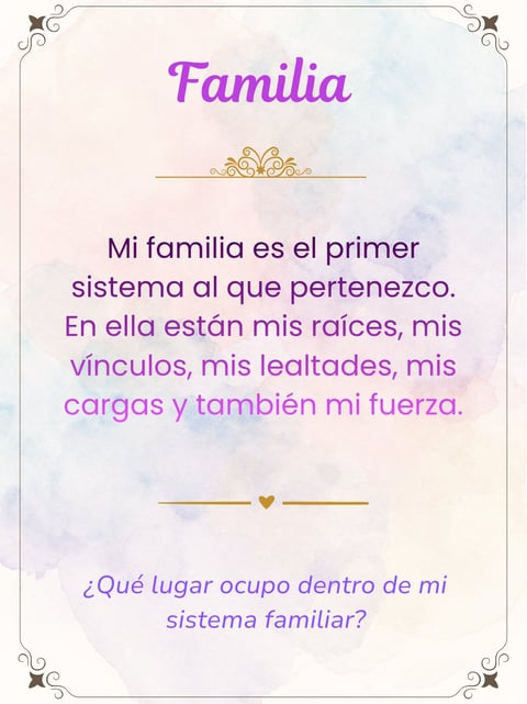Decorative card with purple text about family titled Familia