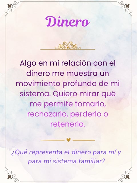Decorative text in Spanish about money and personal beliefs, titled Dinero with ornamental design elements