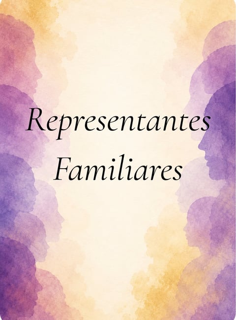 Watercolor design with purple and gold tones framing text that reads Representantes Familiares