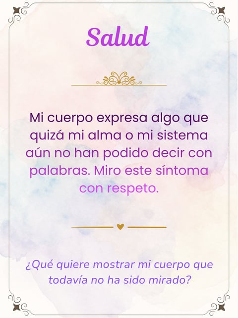 Decorative wellness quote in Spanish with purple text on watercolor background, featuring ornamental borders and gold accents