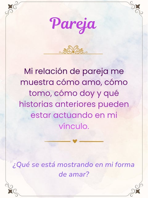 Inspirational card with purple text titled Pareja about romantic relationships