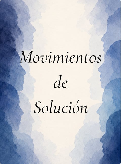 Book cover with Spanish title Movimientos de Solucion with abstract blue watercolor face profiles